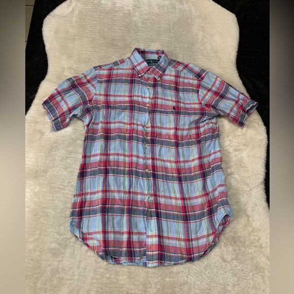 Ralph Lauren Mens Button Down Blue Red 100% Linen Short Sleeve Shirt Size Medium - Picture 1 of 6